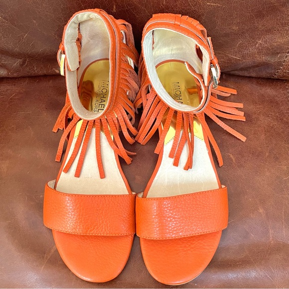 Michael Kors Leather & Ankle Strap & Fringe & Low Wedge Sandals - Picture 10 of 14